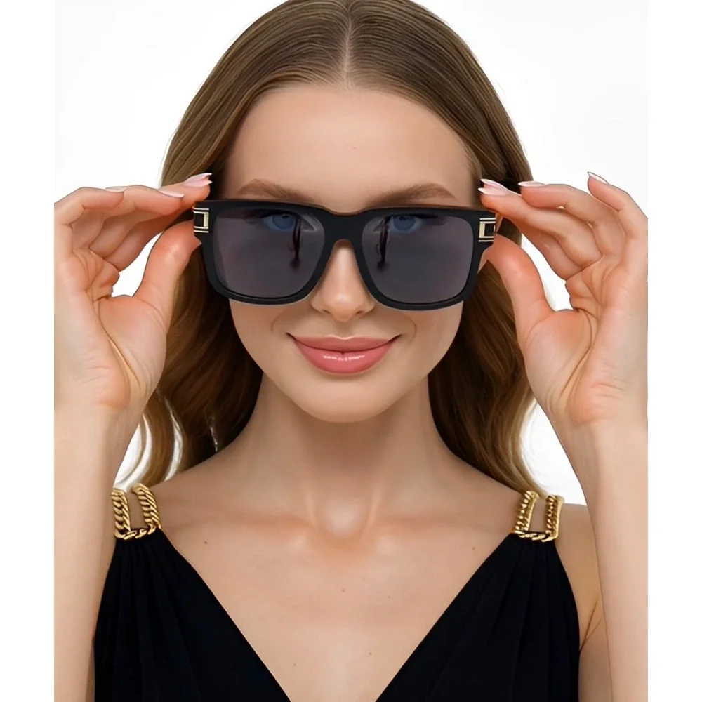 Black Women Square Sunglasses Gold Temple Detail Dark Grey Lens Fashion 2026 New